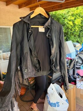 Abercrombie & Fitch Black Faux Leather Fringe Biker Jacket